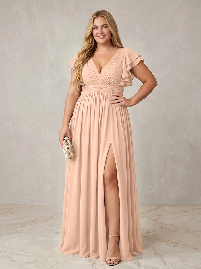 Chiffon A-Line V Neck Plus Size Formal Dresses with Ruffles