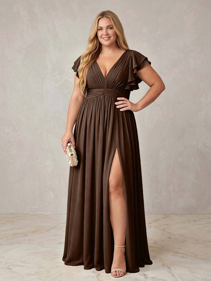 Chiffon A-Line V Neck Plus Size Formal Dresses with Ruffles