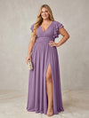 Chiffon A-Line V Neck Plus Size Formal Dresses with Ruffles