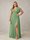 Chiffon A-Line V Neck Plus Size Formal Dresses with Ruffles