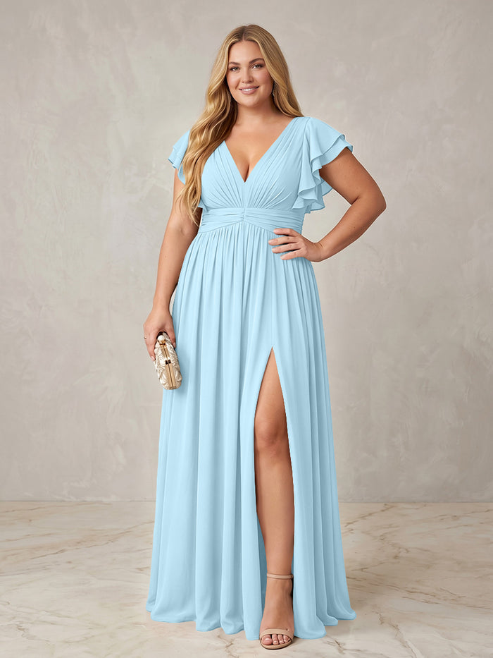 Chiffon A-Line V Neck Plus Size Formal Dresses with Ruffles