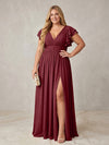 Chiffon A-Line V Neck Plus Size Formal Dresses with Ruffles