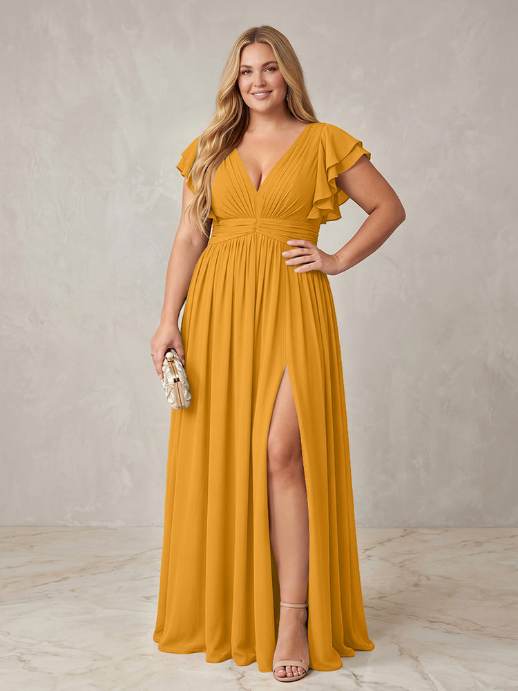 Chiffon A-Line V Neck Plus Size Formal Dresses with Ruffles