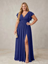 Chiffon A-Line V Neck Plus Size Formal Dresses with Ruffles