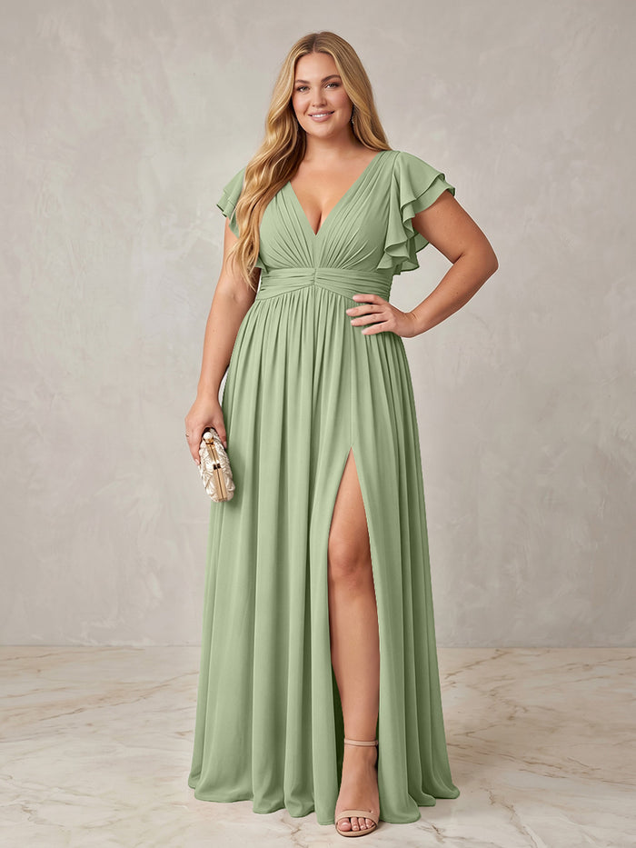 Chiffon A-Line V Neck Plus Size Formal Dresses with Ruffles