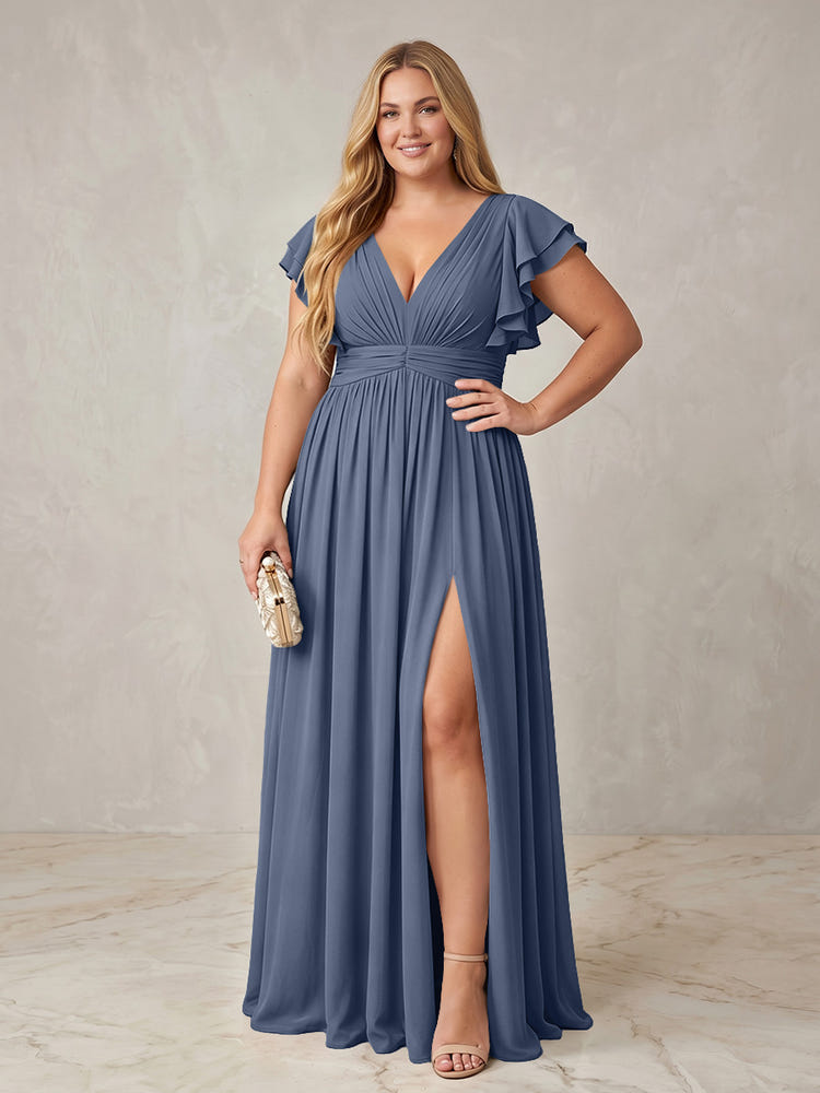 Chiffon A-Line V Neck Plus Size Formal Dresses with Ruffles