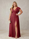 Chiffon A-Line V Neck Plus Size Formal Dresses with Ruffles