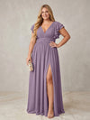 Chiffon A-Line V Neck Plus Size Formal Dresses with Ruffles