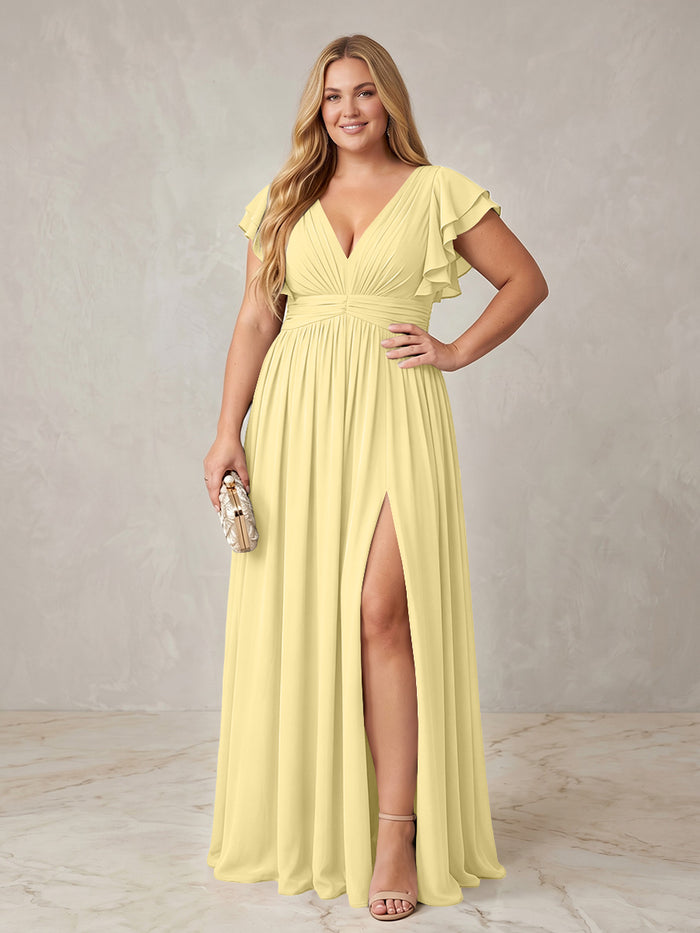 Chiffon A-Line V Neck Plus Size Formal Dresses with Ruffles