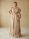 Sequin A-Line V Neck Delicate Pleated Plus Size Formal Dresses