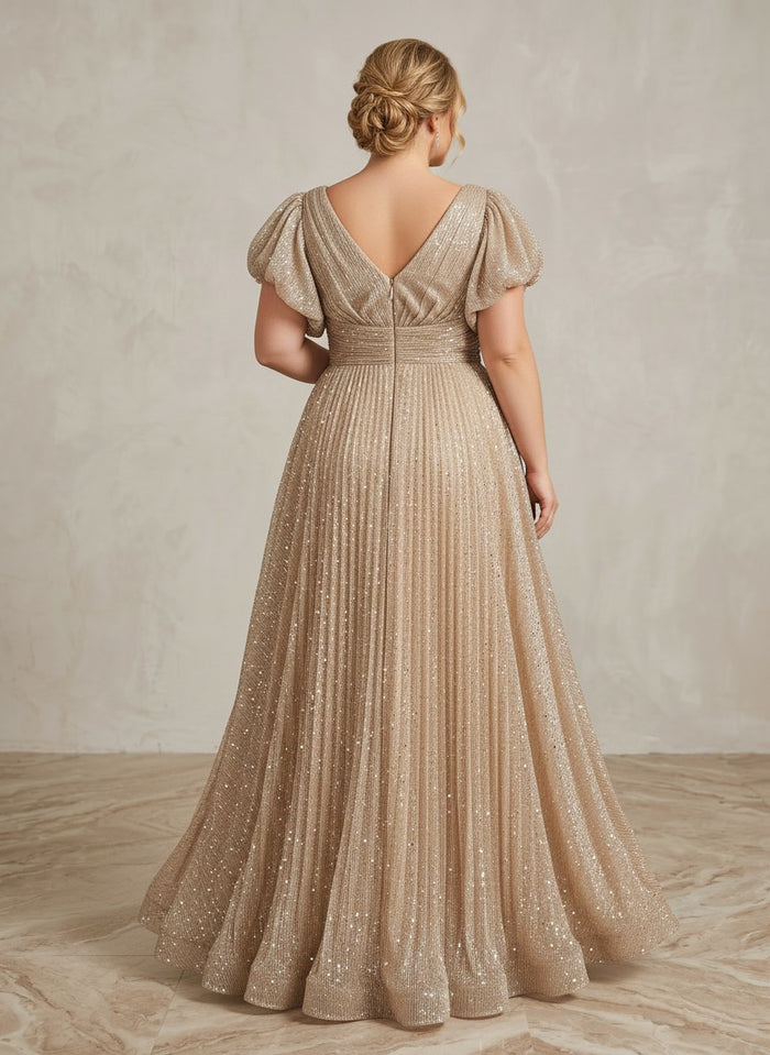 Sequin A-Line V Neck Delicate Pleated Plus Size Formal Dresses
