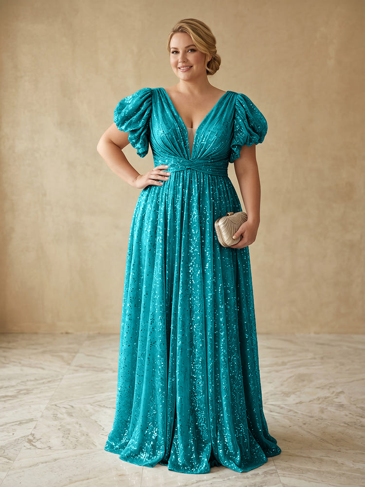 Sequin A-Line V Neck Delicate Pleated Plus Size Formal Dresses