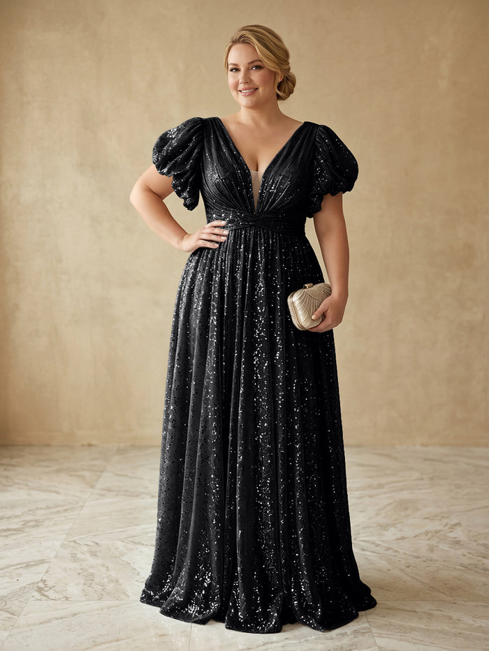 Sequin A-Line V Neck Delicate Pleated Plus Size Formal Dresses