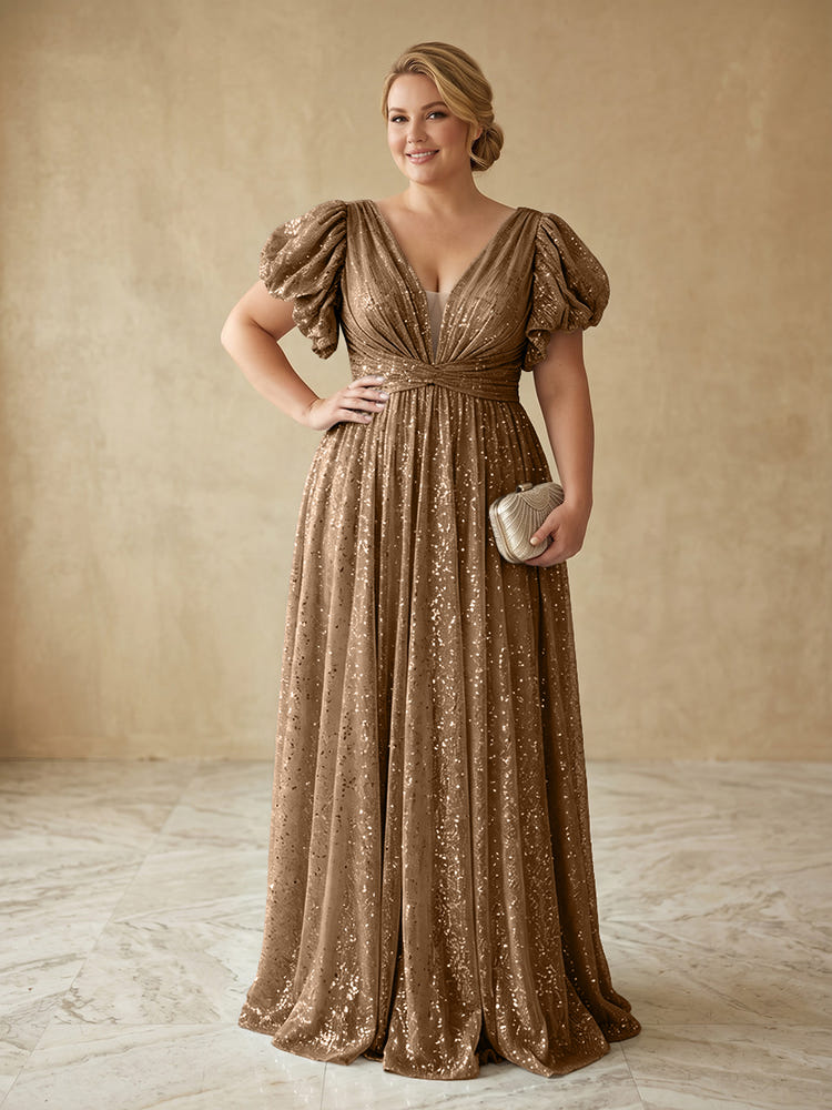 Sequin A-Line V Neck Delicate Pleated Plus Size Formal Dresses