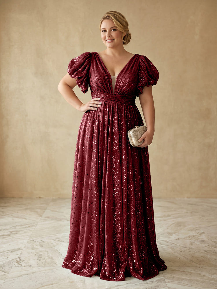 Sequin A-Line V Neck Delicate Pleated Plus Size Formal Dresses