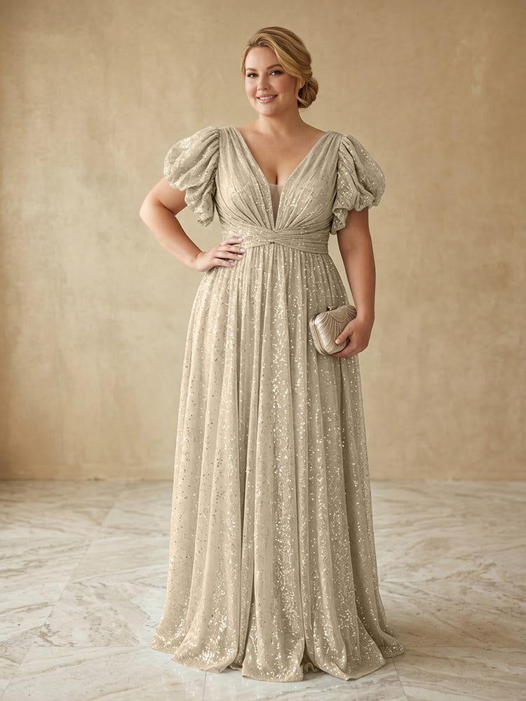Sequin A-Line V Neck Delicate Pleated Plus Size Formal Dresses