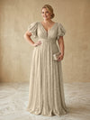 Sequin A-Line V Neck Delicate Pleated Plus Size Formal Dresses
