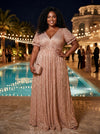 Sequin A-Line V Neck Delicate Pleated Plus Size Formal Dresses