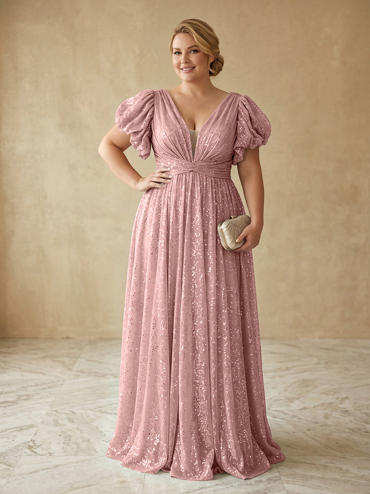 Sequin A-Line V Neck Delicate Pleated Plus Size Formal Dresses