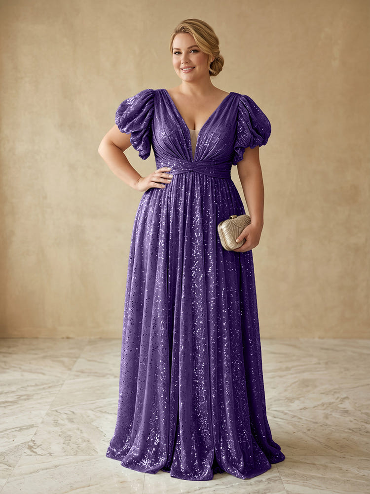 Sequin A-Line V Neck Delicate Pleated Plus Size Formal Dresses