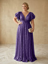 Sequin A-Line V Neck Delicate Pleated Plus Size Formal Dresses