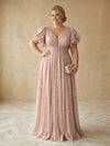 Sequin A-Line V Neck Delicate Pleated Plus Size Formal Dresses