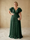 Sequin A-Line V Neck Delicate Pleated Plus Size Formal Dresses