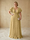 Sequin A-Line V Neck Delicate Pleated Plus Size Formal Dresses