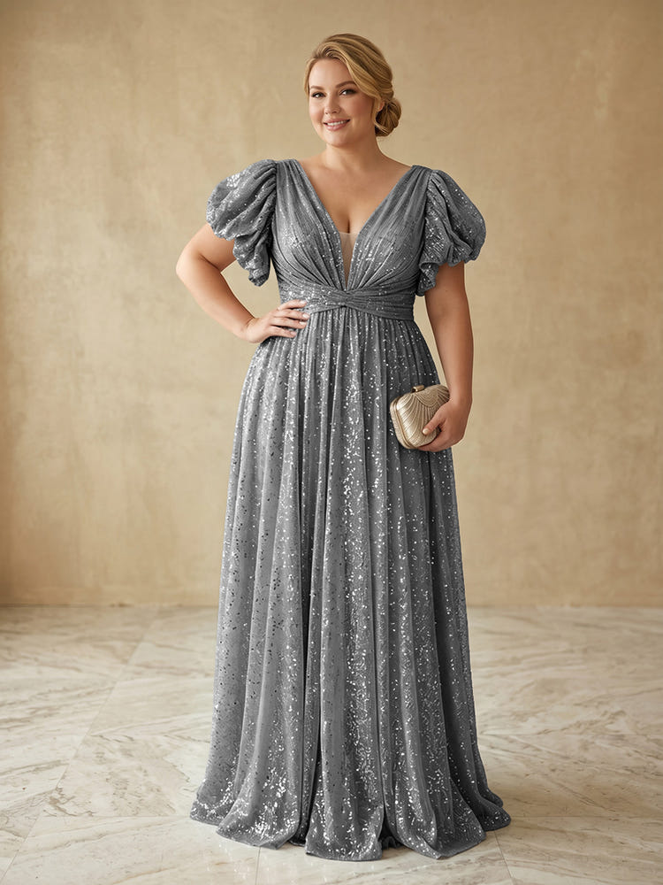 Sequin A-Line V Neck Delicate Pleated Plus Size Formal Dresses