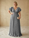 Sequin A-Line V Neck Delicate Pleated Plus Size Formal Dresses