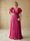 Sequin A-Line V Neck Delicate Pleated Plus Size Formal Dresses