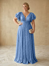 Sequin A-Line V Neck Delicate Pleated Plus Size Formal Dresses