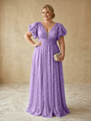 Sequin A-Line V Neck Delicate Pleated Plus Size Formal Dresses