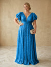 Sequin A-Line V Neck Delicate Pleated Plus Size Formal Dresses