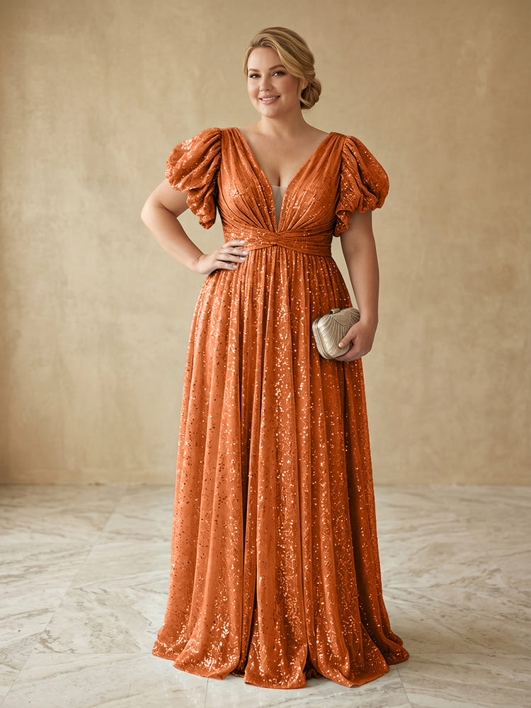 Sequin A-Line V Neck Delicate Pleated Plus Size Formal Dresses
