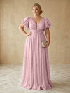 Sequin A-Line V Neck Delicate Pleated Plus Size Formal Dresses