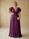 Sequin A-Line V Neck Delicate Pleated Plus Size Formal Dresses