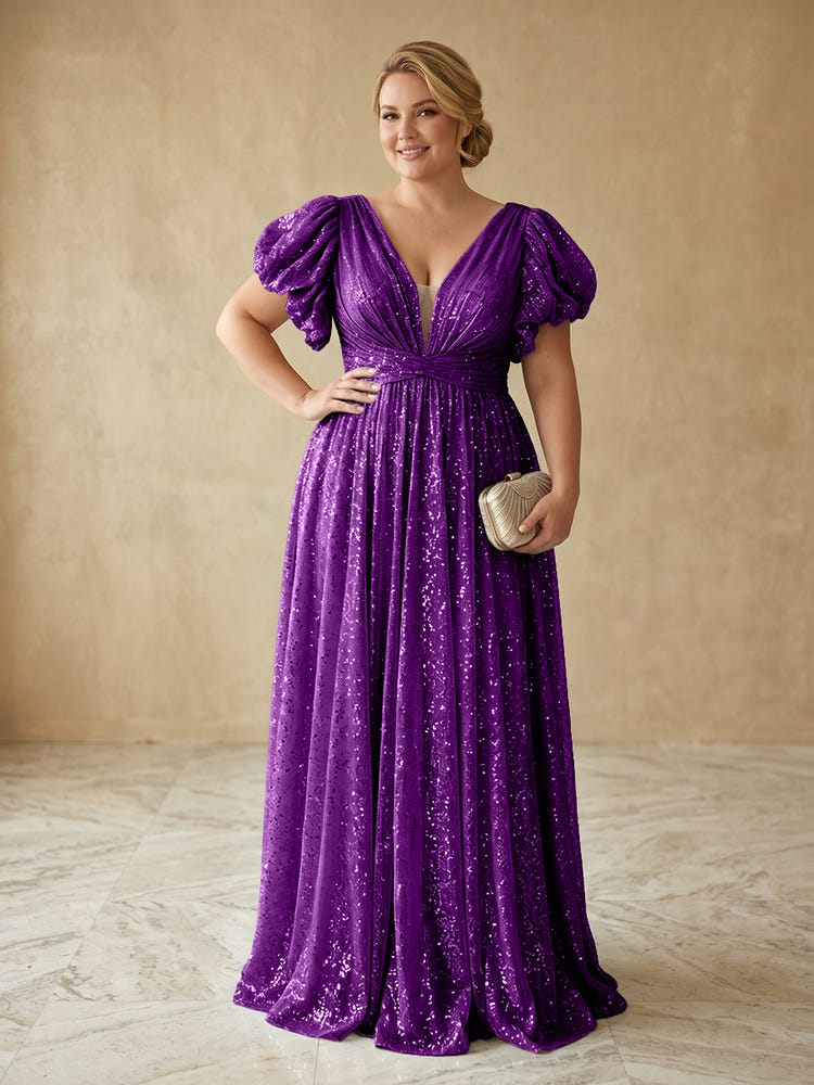 Sequin A-Line V Neck Delicate Pleated Plus Size Formal Dresses