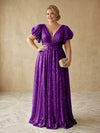 Sequin A-Line V Neck Delicate Pleated Plus Size Formal Dresses