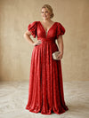 Sequin A-Line V Neck Delicate Pleated Plus Size Formal Dresses