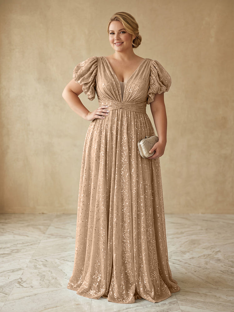 Sequin A-Line V Neck Delicate Pleated Plus Size Formal Dresses