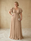 Sequin A-Line V Neck Delicate Pleated Plus Size Formal Dresses
