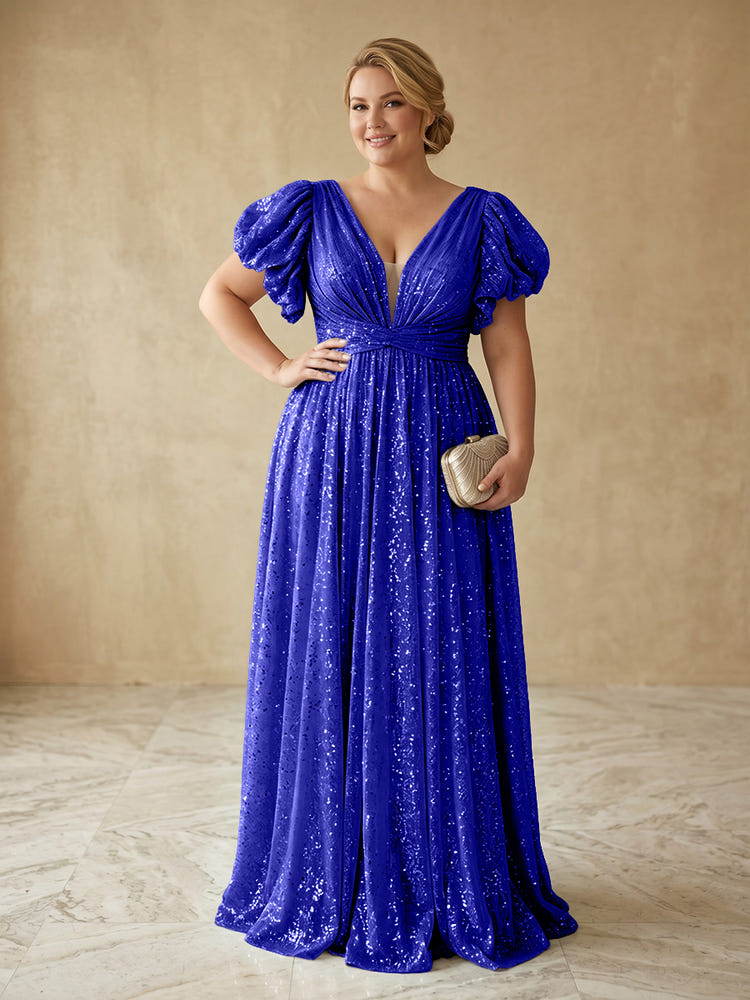 Sequin A-Line V Neck Delicate Pleated Plus Size Formal Dresses