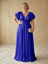 Sequin A-Line V Neck Delicate Pleated Plus Size Formal Dresses