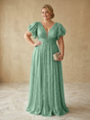 Sequin A-Line V Neck Delicate Pleated Plus Size Formal Dresses