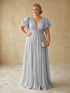 Sequin A-Line V Neck Delicate Pleated Plus Size Formal Dresses