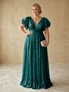 Sequin A-Line V Neck Delicate Pleated Plus Size Formal Dresses