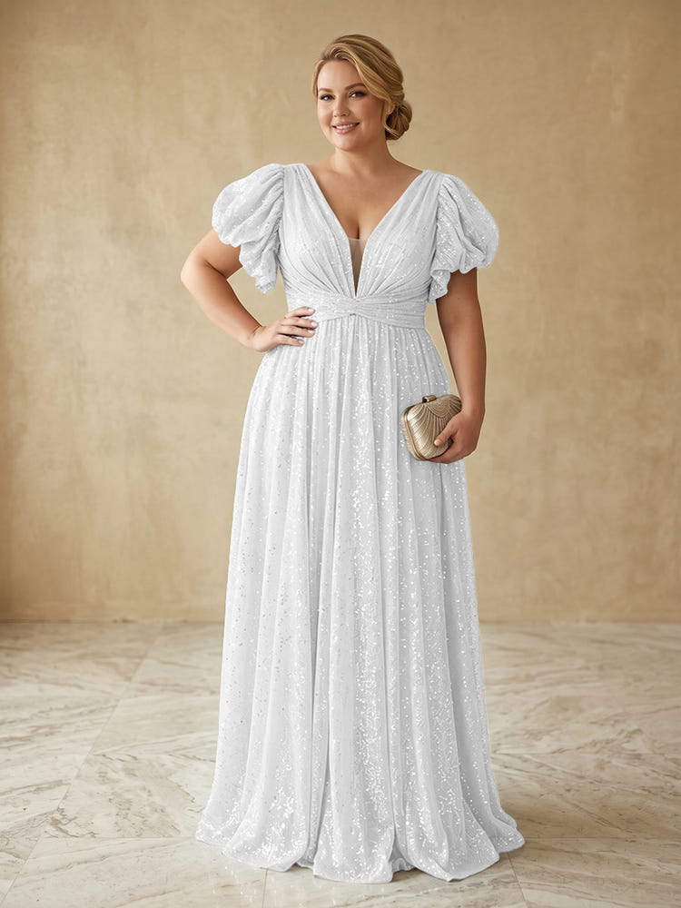 Sequin A-Line V Neck Delicate Pleated Plus Size Formal Dresses