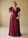 Sequin A-Line V Neck Delicate Pleated Plus Size Formal Dresses