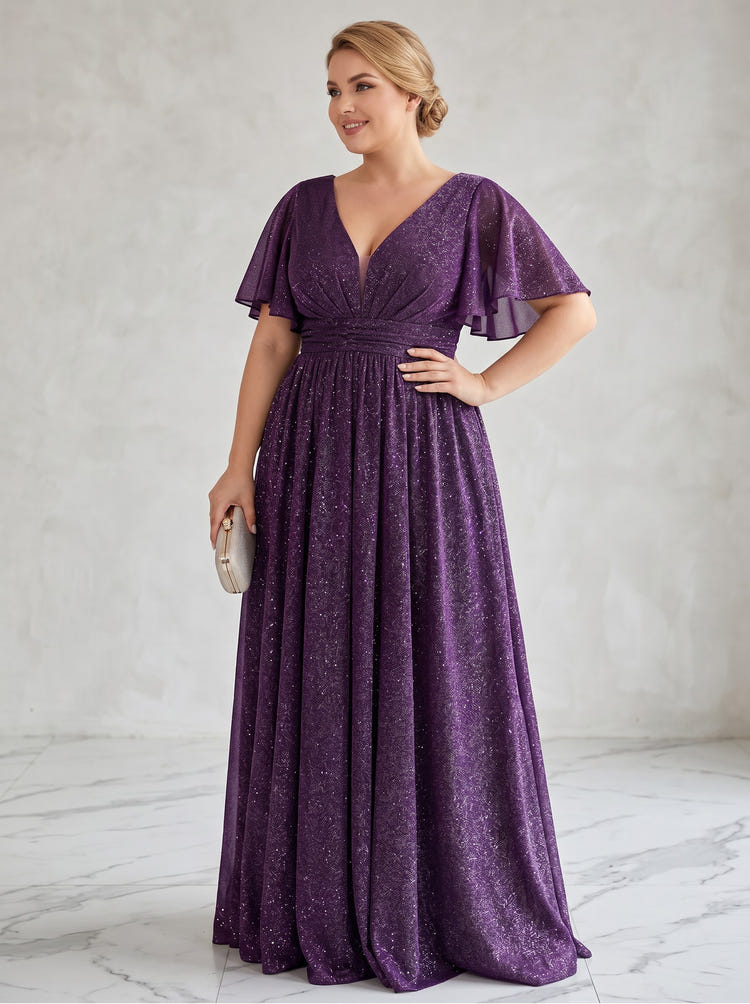 Chiffon A-Line V Neck Glitter Plus Size Formal Dresses – Gracins